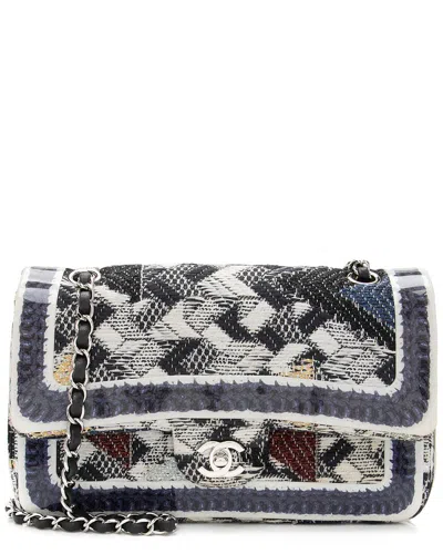 Pre-owned Chanel Blue & White Quilted Leather Medium Double Flap Bag (authentic Pre-loved)