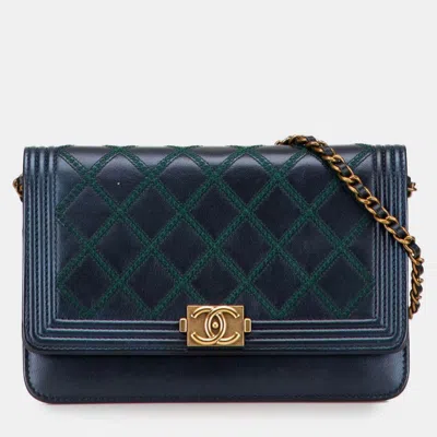 Pre-owned Chanel Blue Calfskin Double Stitch Boy Wallet On Chain