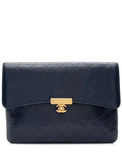 Pre-owned Chanel Blue Calfskin Golden Class Turn Lock Clutch (authentic Pre-loved)