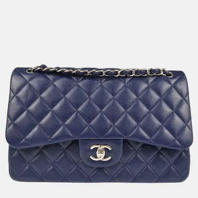 Pre-owned Chanel Blue Calfskin Jumbo Classic Double Flap Shoulder Bag