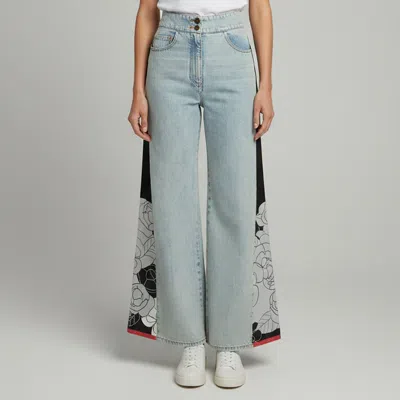 Pre-owned Chanel Blue Camellia Print Flared Leg Jeans M/waist 28"