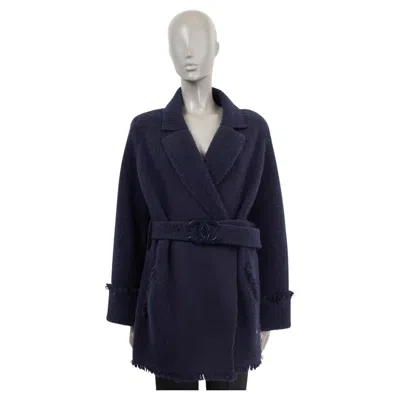 Pre-owned Chanel Blue Cashmere 2017 Belted Oversized Fringed Knit Coat Jacket 36 Xs 17b
