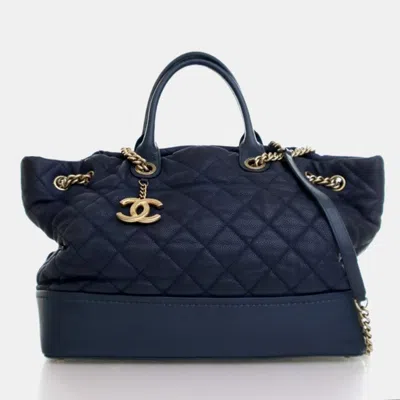 Pre-owned Chanel Blue Caviar Globe Trotter Shopping Tote