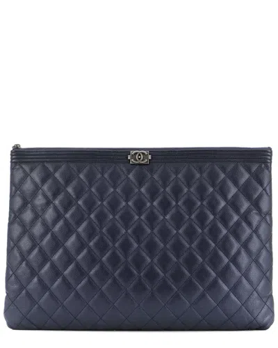 Pre-owned Chanel Blue Caviar Leather Boy O Case Clutch Large (authentic Pre-loved)