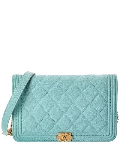 Pre-owned Chanel Blue Caviar Leather Boy Wallet On Chain (authentic Pre-loved)