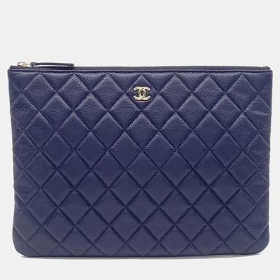 Pre-owned Chanel Blue Caviar Leather Caviar Clutch New Medium