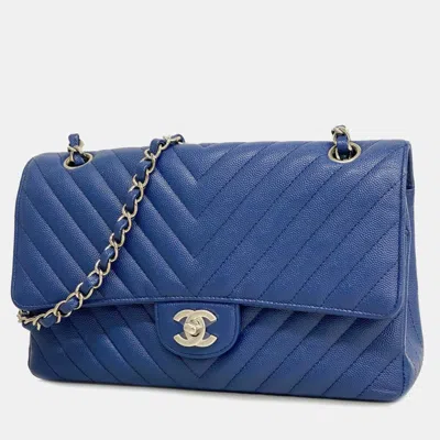 Pre-owned Chanel Blue Caviar Leather Medium Classic Double Flap Shoulder Bags