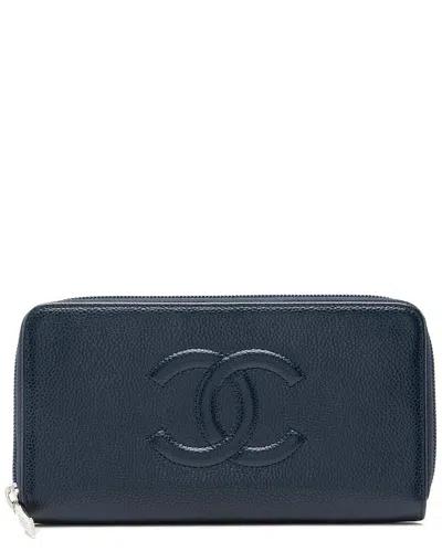 Pre-owned Chanel Blue Caviar Leather Timeless Zip Around Wallet (authentic Pre-loved)