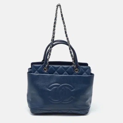 Pre-owned Chanel Blue Caviar Quilted Leather Cc Soft Chain Tote
