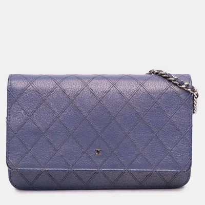 Pre-owned Chanel Blue Cc Calfskin Double Stitched Wallet On Chain