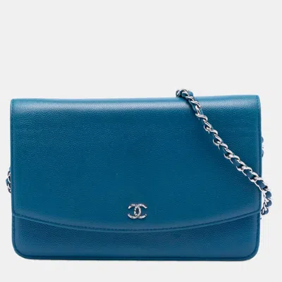Pre-owned Chanel Blue Cc Caviar Sevruga Wallet On Chain
