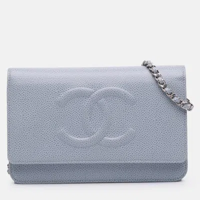 Pre-owned Chanel Blue Cc Caviar Wallet On Chain