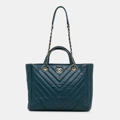 Pre-owned Chanel Blue Cc Chevron Calfskin Statement Shopping Tote