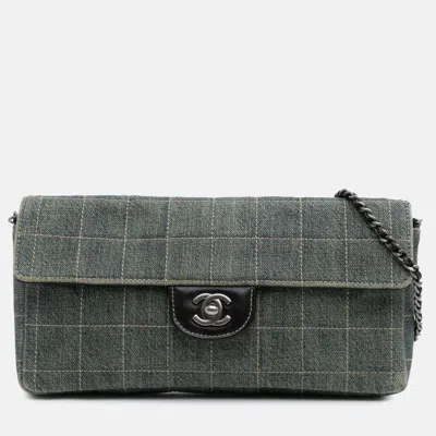 Pre-owned Chanel Blue Cc Chocolate Bar Denim East West Flap