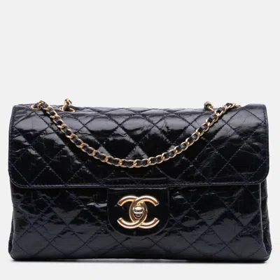 Pre-owned Chanel Blue Cc Crackled Glazed Calfskin Accordion Flap