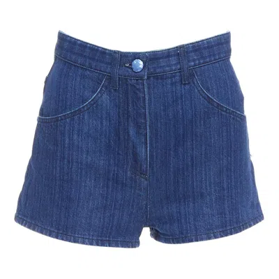 Pre-owned Chanel Blue Cc Logo Woven Trompe Loeil Denim High-rise Shorts Fr34 Xs