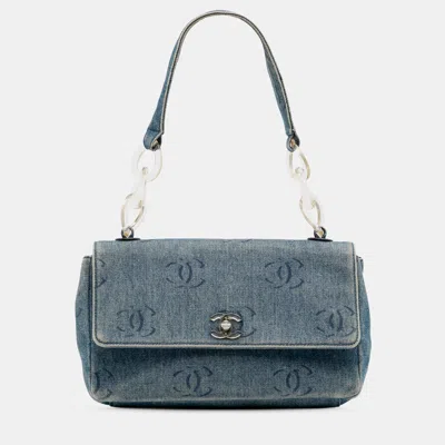 Pre-owned Chanel Blue Cc Printed Denim Single Flap