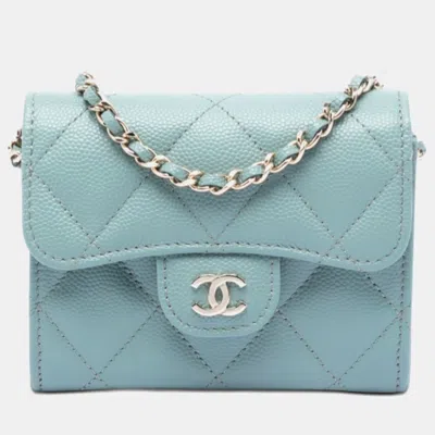Pre-owned Chanel Blue Cc Quilted Caviar Flap Card Holder On Chain