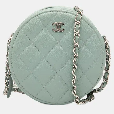Pre-owned Chanel Blue Cc Quilted Caviar Round Clutch With Chain