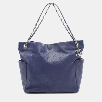 Pre-owned Chanel Blue Cc Quilted Caviar Side Pocket Tote