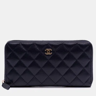 Pre-owned Chanel Blue Cc Quilted Caviar Zip Around Long Wallet