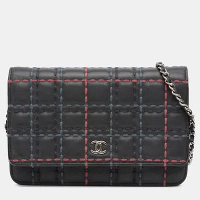 Pre-owned Chanel Blue Cc Square Stitched Calfskin Wallet On Chain
