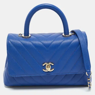 Pre-owned Chanel Blue Chevron Caviar Leather Mini Coco Top Handle Bag