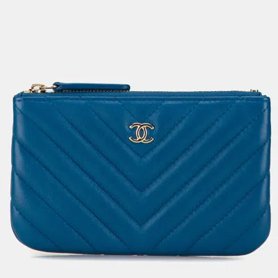 Pre-owned Chanel Blue Chevron Lambskin O Case Pouch