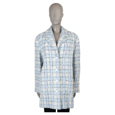 Pre-owned Chanel Blue Cream Grey Wool 22b Oversized Plaid Tweed Coat Jacket 38 S In White