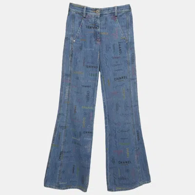 Pre-owned Chanel Blue Denim All Over Logo Print Wide Leg Jeans S/waist 25"