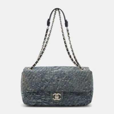 Pre-owned Chanel Blue Denim & Leather Camellia Chain Shoulder Bag
