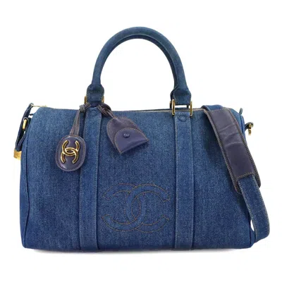 Pre-owned Chanel Blue Denim Boston Bag Handbag Shoulder Bag ()