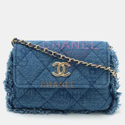 Pre-owned Chanel Blue Denim Logo Printed Quilted Fringe Denim Mood Flap Shoulder Bag