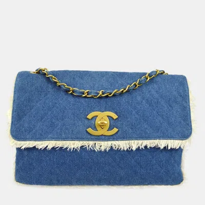 Pre-owned Chanel Blue Denim Maxi Straight Flap Shoulder Bag
