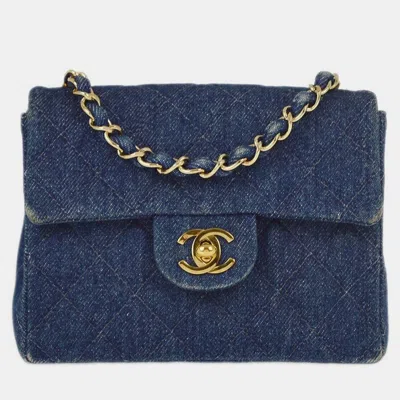 Pre-owned Chanel Blue Denim Mini Classic Square Flap Shoulder Bag 17