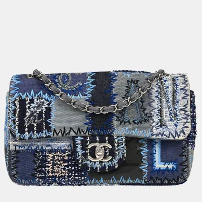 Pre-owned Chanel Blue Denim Patchwork Single Flap Shoulder Bag