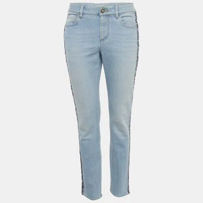 Pre-owned Chanel Blue Denim Side Trim Skinny Jeans S/waist28"