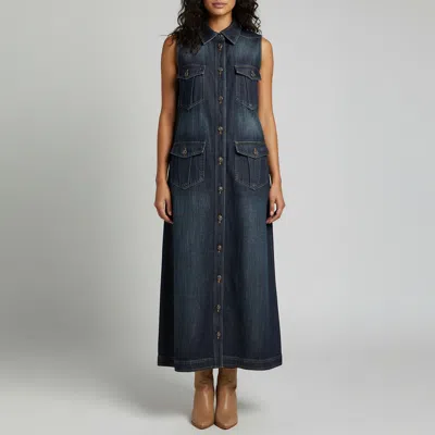 Pre-owned Chanel Blue Denim Sleeveless Midi Dress M