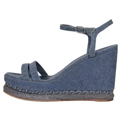 Pre-owned Chanel Blue Denim Wedge Sandals, Size 39.5