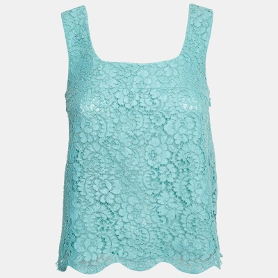 Pre-owned Chanel Blue Floral Pattern Lace Sleeveless Top S