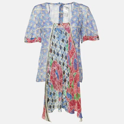 Pre-owned Chanel Blue Floral Print Silk Scarf Detail Blouse M