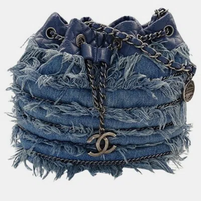 Pre-owned Chanel Blue Fringe Denim Drawstring Charm Bucket Bag