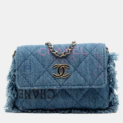 Pre-owned Chanel Blue Fringe Denim Mood Clutch With Chain