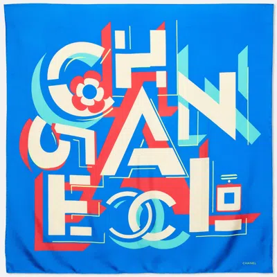 Pre-owned Chanel Blue Geometric Logo Print Silk Square Scarf