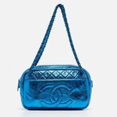 Pre-owned Chanel Blue Glazed Leather Modern Chain Camera Bag