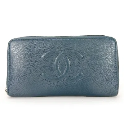 Pre-owned Chanel Blue Grained Calfskin Long Wallet (bi-fold) ()