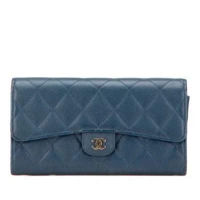 Pre-owned Chanel Blue Grained Calfskin Long Wallet (bi-fold) ()