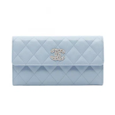 Pre-owned Chanel Blue Grained Calfskin Long Wallet (bi-fold) ()