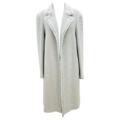 Pre-owned Chanel Blue Green And Taupe Long Wool Tweed Coat