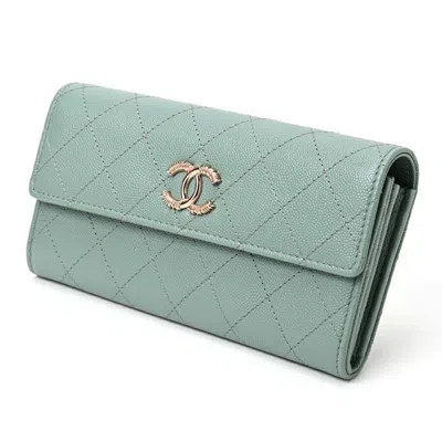 Pre-owned Chanel Blue Green Grained Calfskin Long Wallet (bi-fold) ()